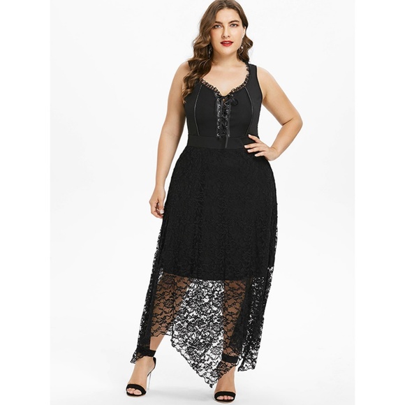 Plus Size Goth Punk Lace-Up Corset Dress w/ Lace - Picture 2 of 6